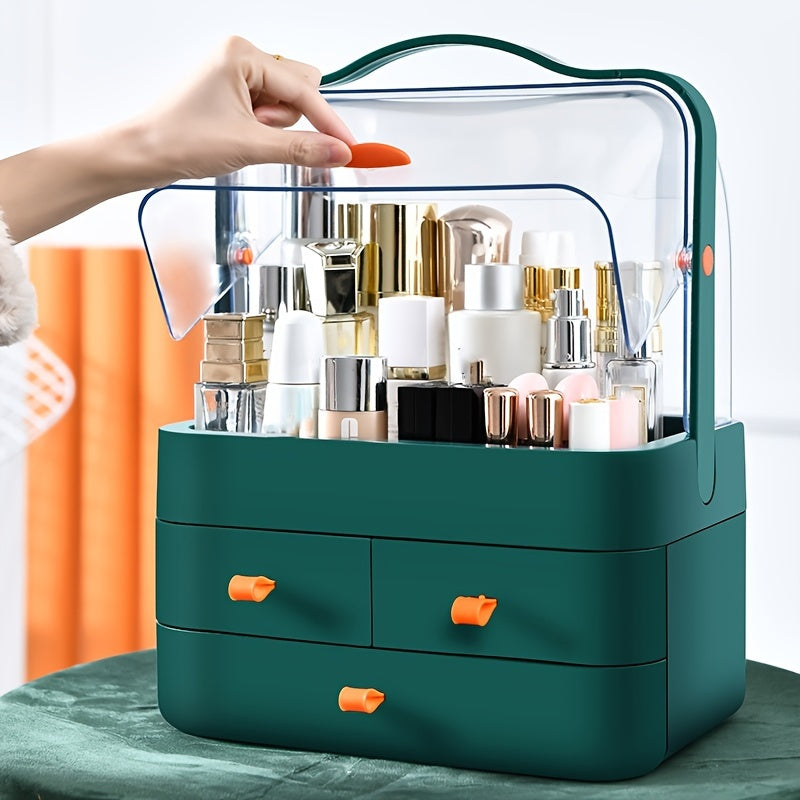 Cosmetic Storage Organizer with Drawer Transparent Lid and Handle for Skincare Makeup Accessories