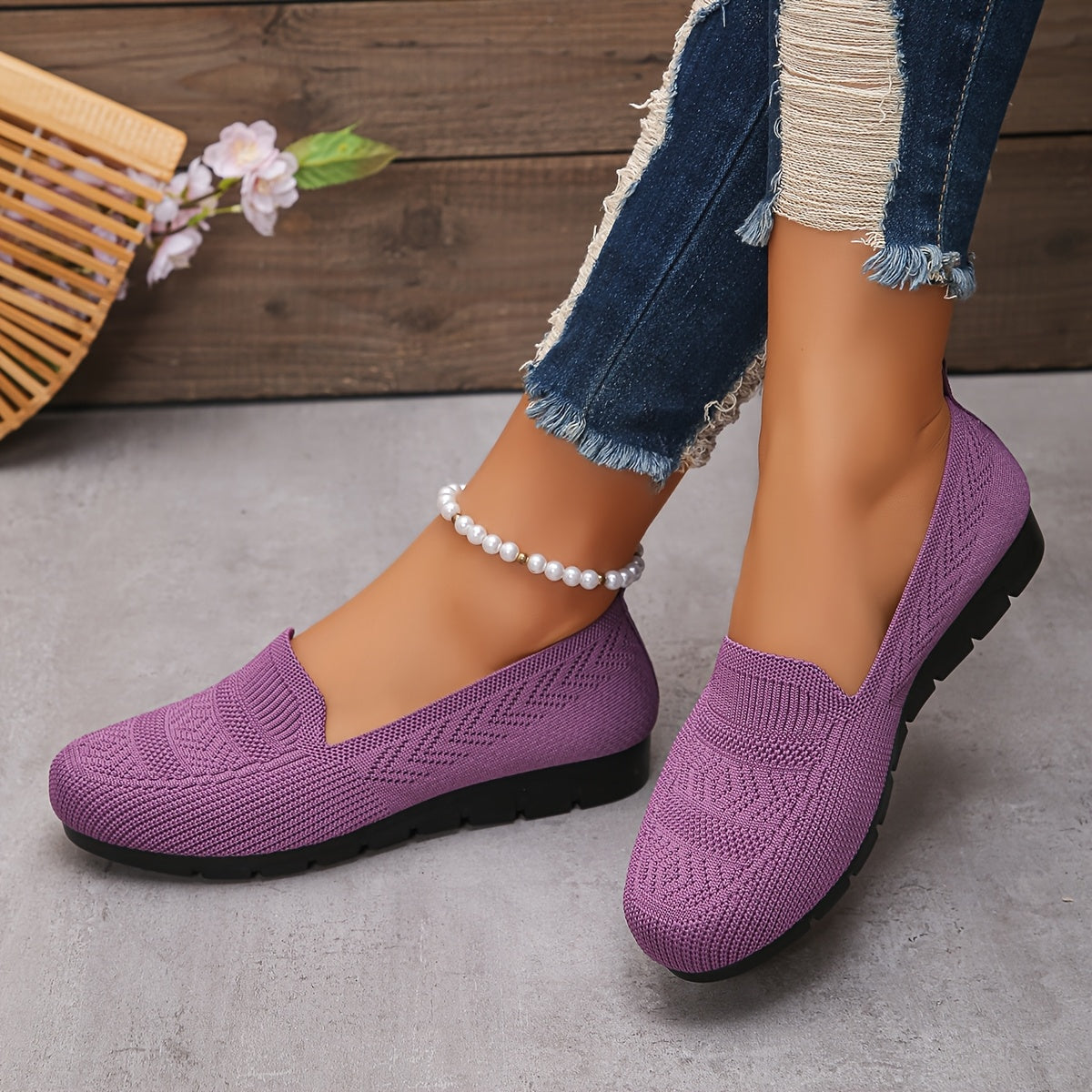 Women's Knit Slip-On Loafers Comfortable Breathable Non-Slip Casual Shoes