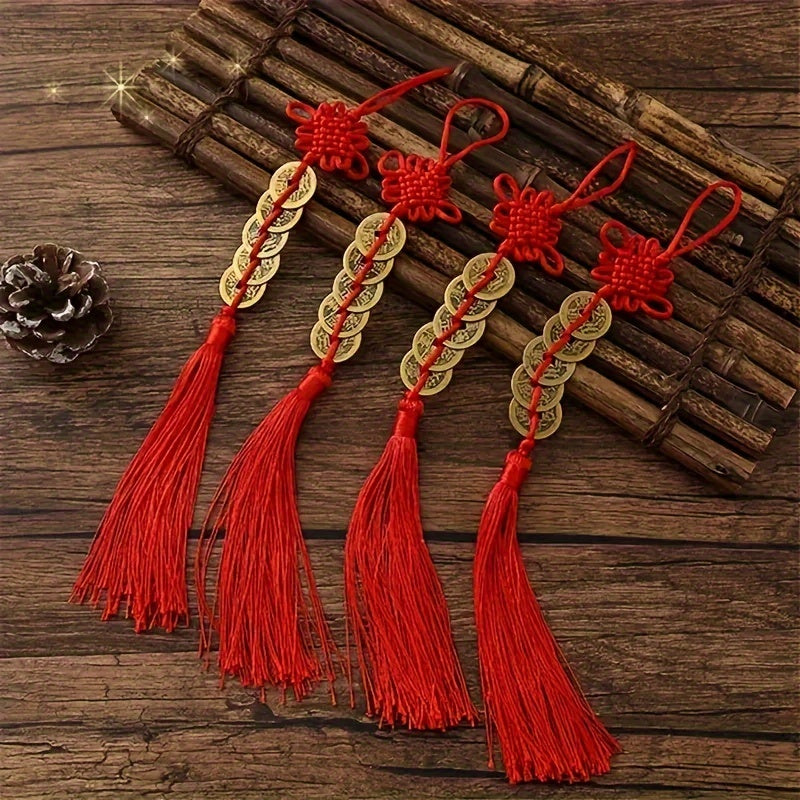 Red Chinese Knot with 5 Coins for Luck Prosperity Home Car Decor Gift