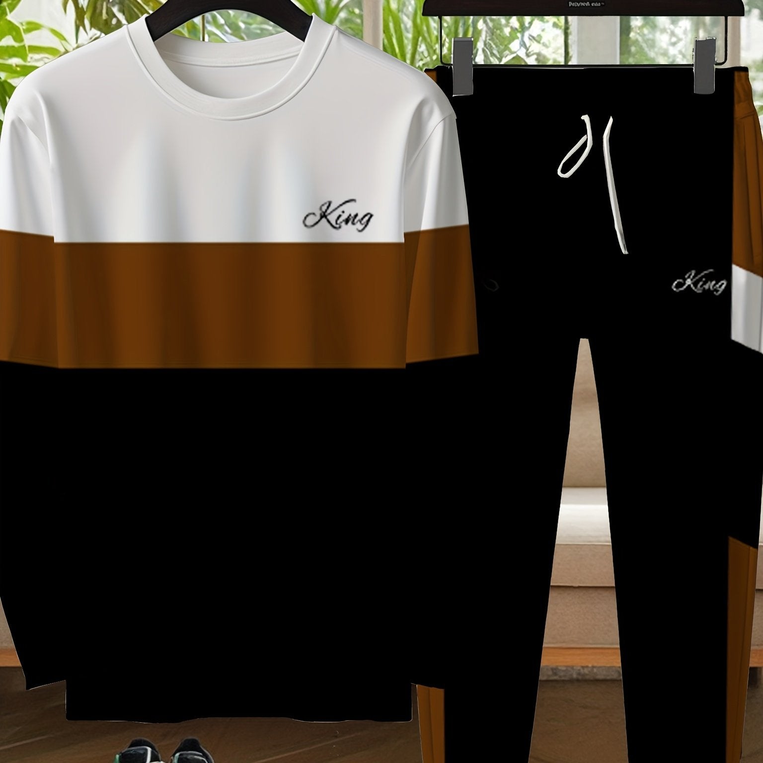 Erkaklar uchun tasodifiy sport to'plami, rang blokli bosma trikotaj mato aralashmasidan tayyorlangan, uzun qo'lqonli crew neck sviter va tortish qopqog'i bilan joggerlarni o'z ichiga oladi. Bahor/kovak uchun mo'ljallangan.