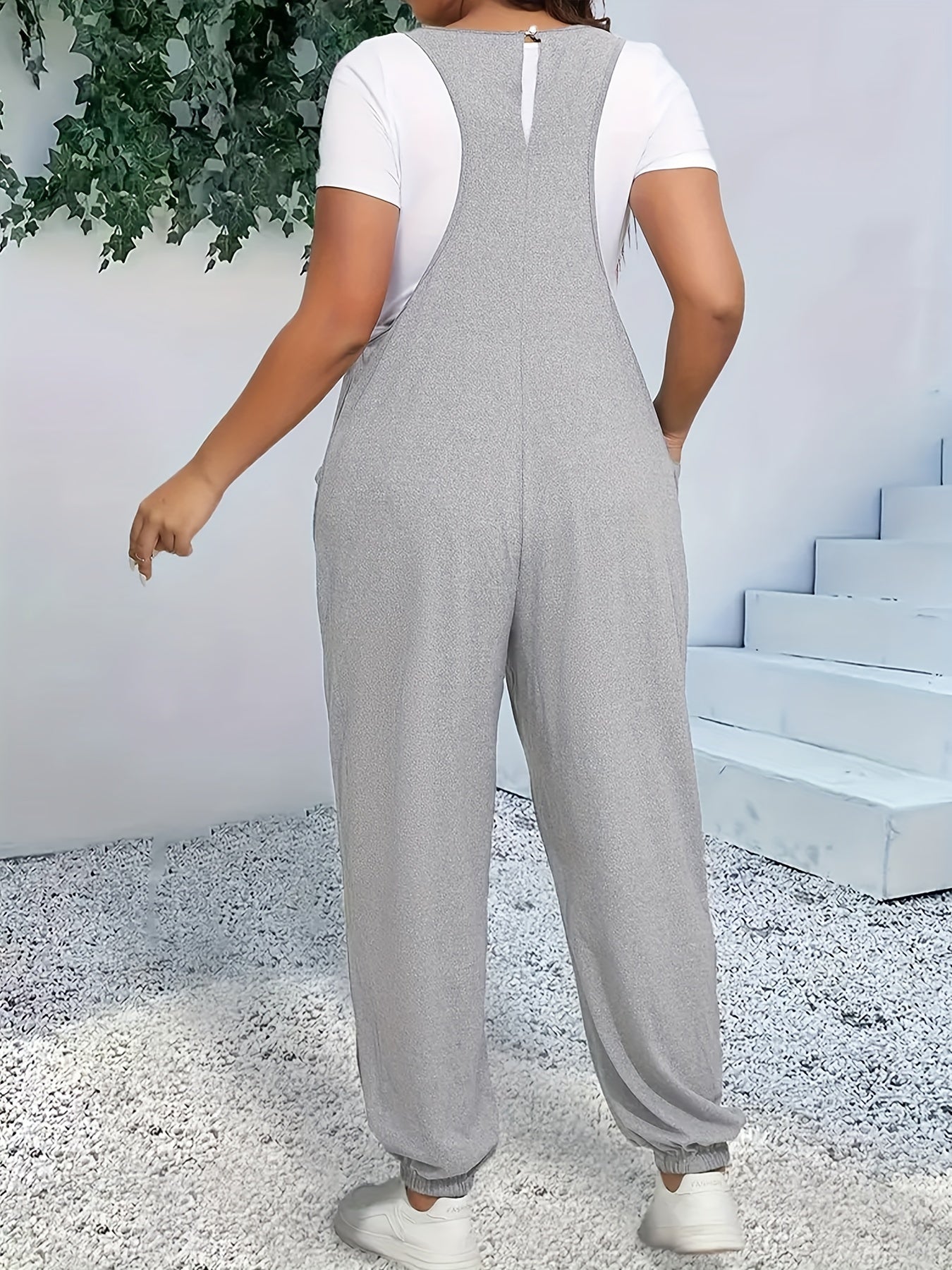 Plus-Size Stretchy Casual Jumpsuit V-Neck Tapered Legs Lounge Wear