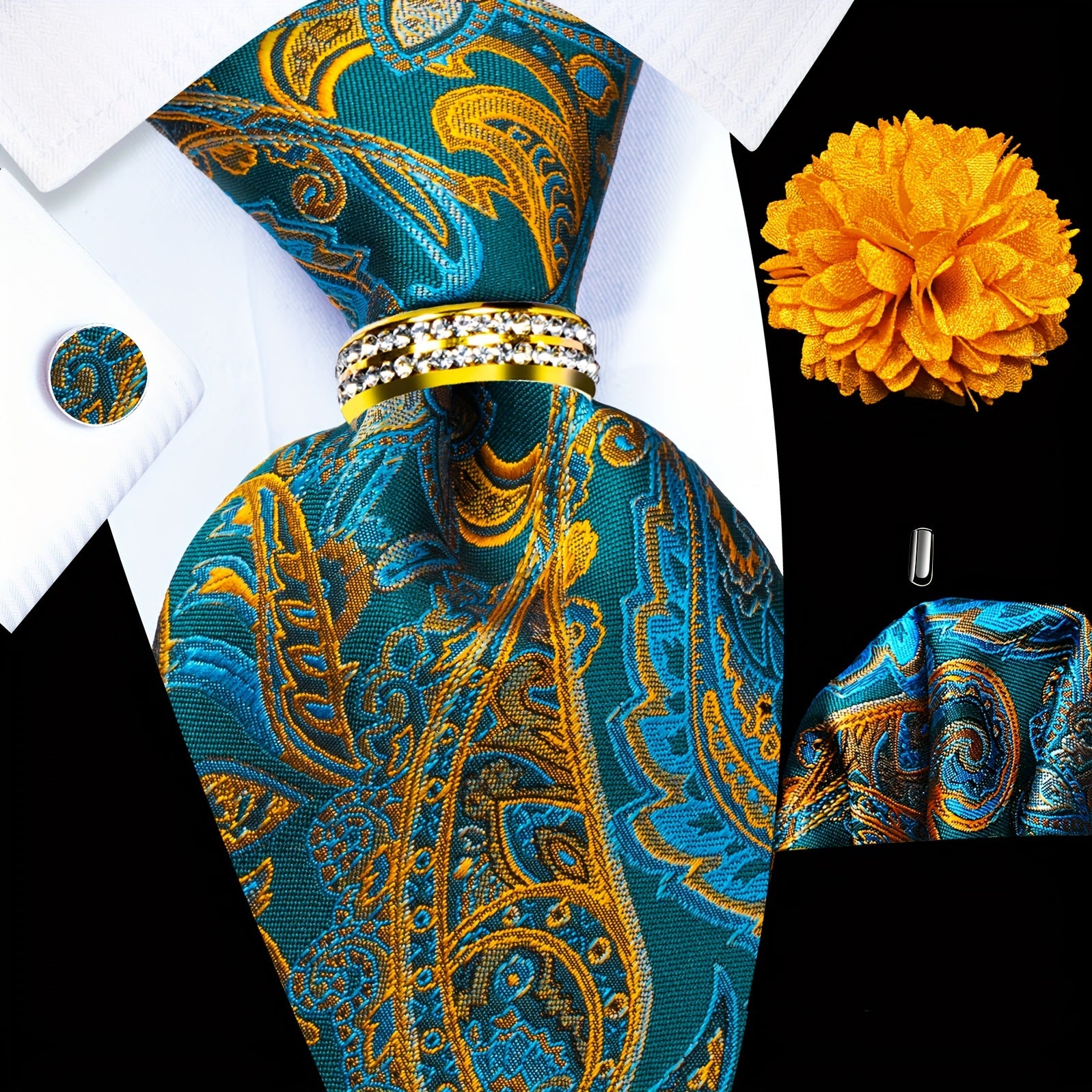 Men's Formal Tie Set with Pocket Square Cufflinks Tie Clip Lapel Pin and Ring for Weddings and Occasions