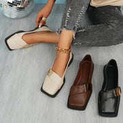 Zapatos planos de cuero sintético para mujer con punta cuadrada y hebilla grande para uso casual y laboral
