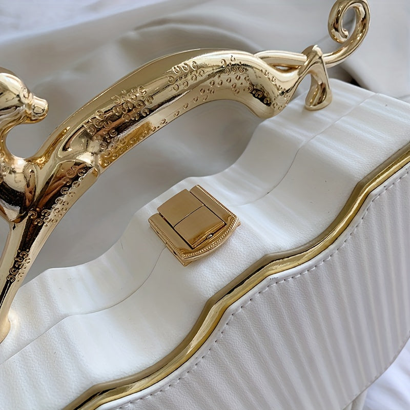 White Clutch Bag with Gold Chain Strap and Kiss Lock Closure for Daily Use