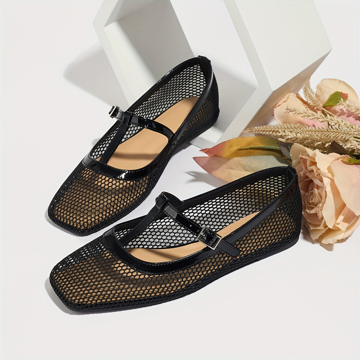 Zapatos de mujer con malla transpirable Mary Jane, sandalias casuales de verano en negro
