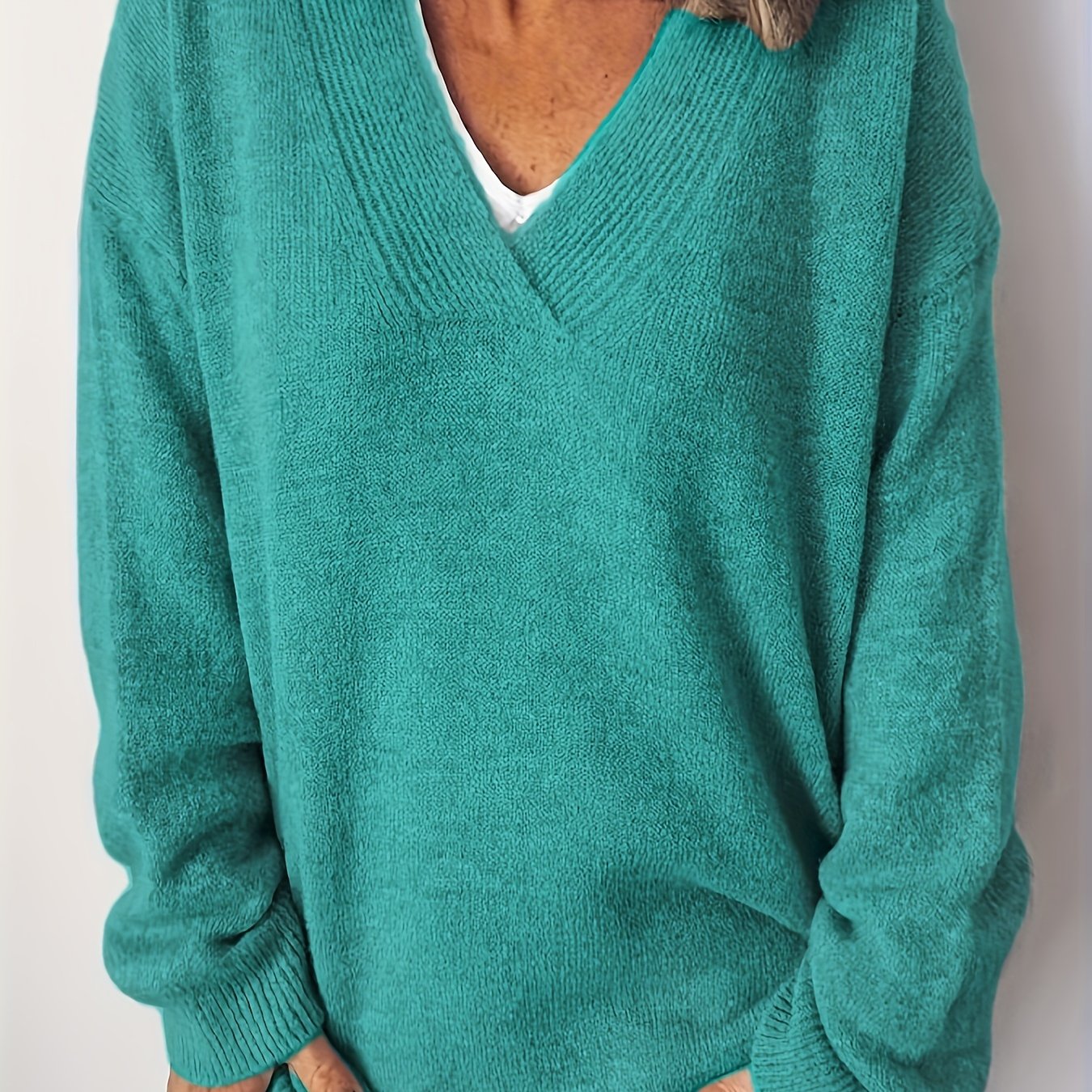 Women's Plus Size V-Neck Knitted Sweater Long Sleeve Casual Pullover