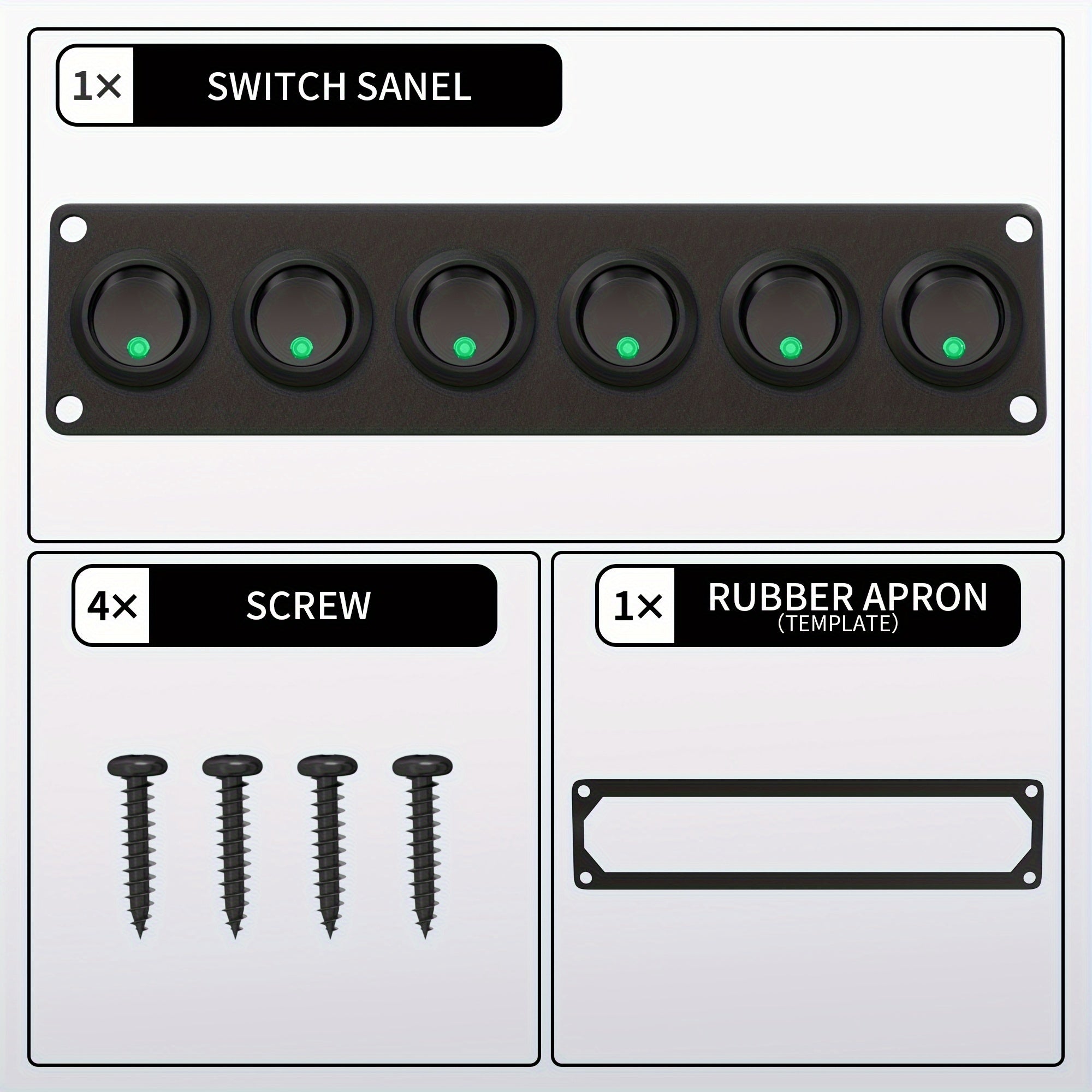 6 Gang 3 Pin Rocker Switch Panel 12V Yashil Toggle Avtomobillar, Yuk mashinalari, Qayiqlar uchun