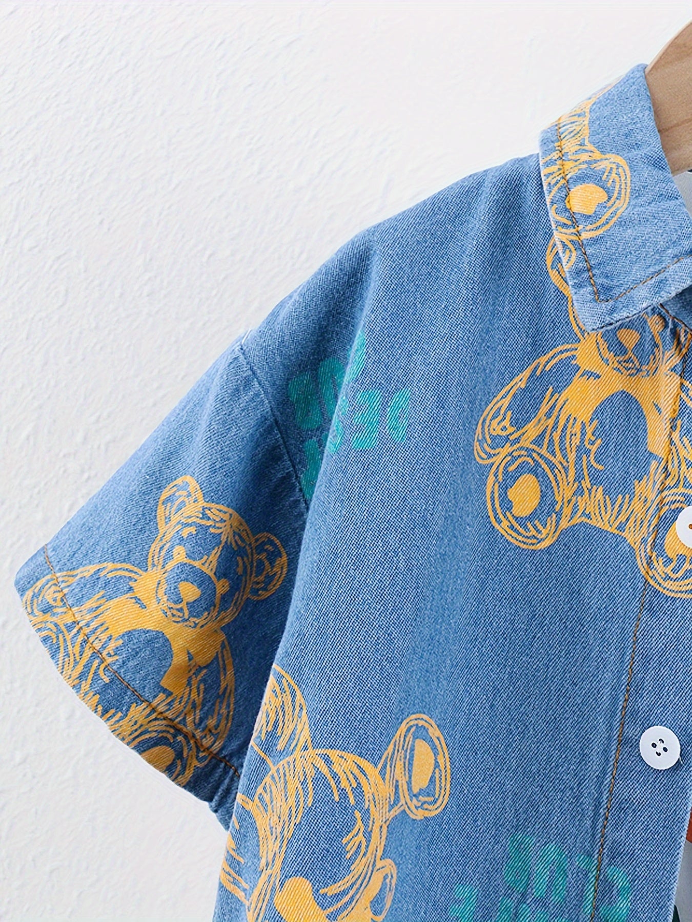Kids Boys Summer Denim Set 2pcs Bear Graphic Short Sleeve Shirt and Shorts