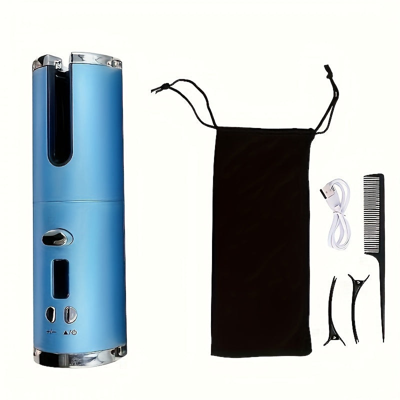 6-in-1 automatic curling iron with temperature settings rechargeable lithium battery ceramic barrel automatic shutoff blue black design