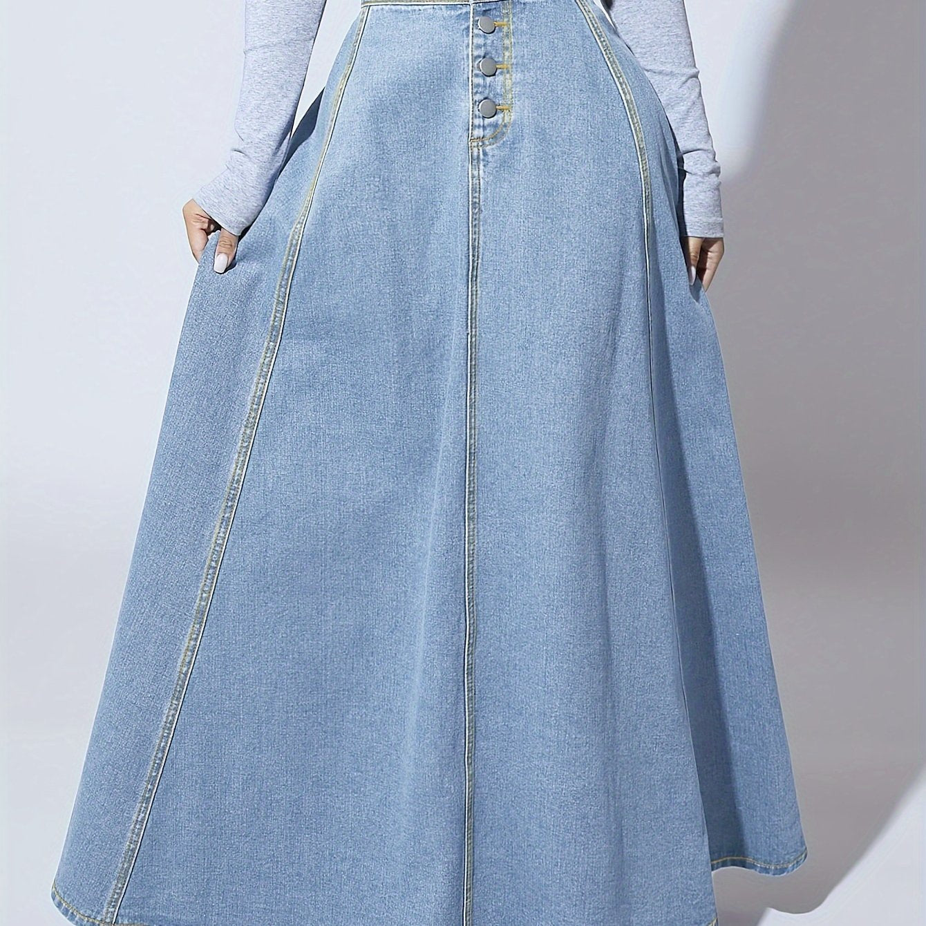 Women's High-Rise Washed Blue Denim Flared Skirt for Tall Individuals