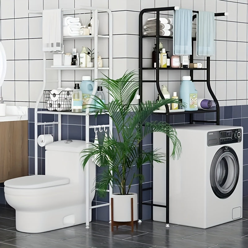 Black Metal Corner Shelf with Hanging Rod, 3-Tier Bathroom Storage Rack