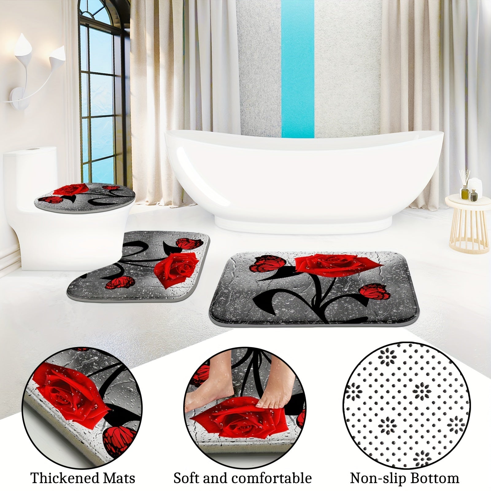 Water Drop Rose Printed Bathroom Shower Curtain Set with Hooks Non-Slip Mat Toilet Lid Mat Bathtub Partition
