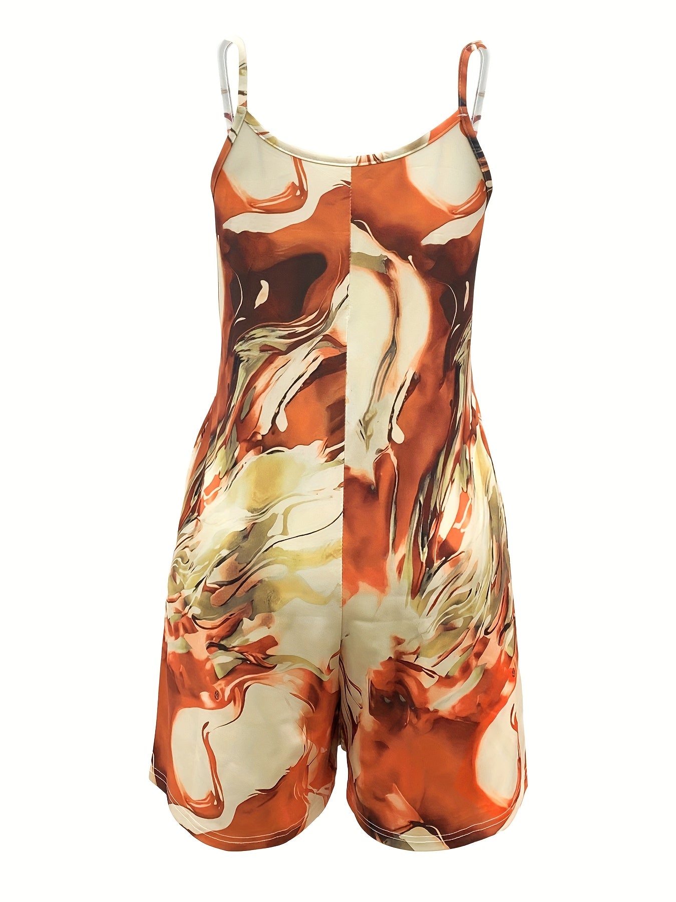 Women's Summer V-Neck Orange Marble Print Dress with Pockets
