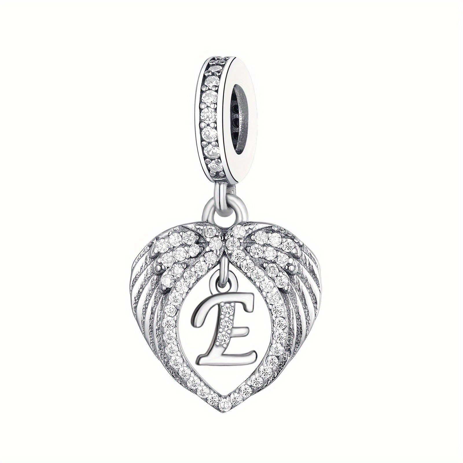Sterling Silver Heart-Shaped Wing Pendant with Zircon Letter for DIY Jewelry