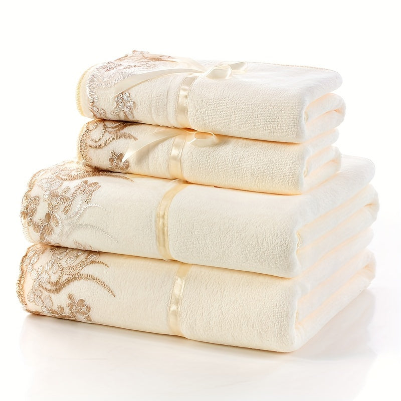 Lace Embroidery Towel Set 4-Piece Bath and Hand Towels Soft Absorbent