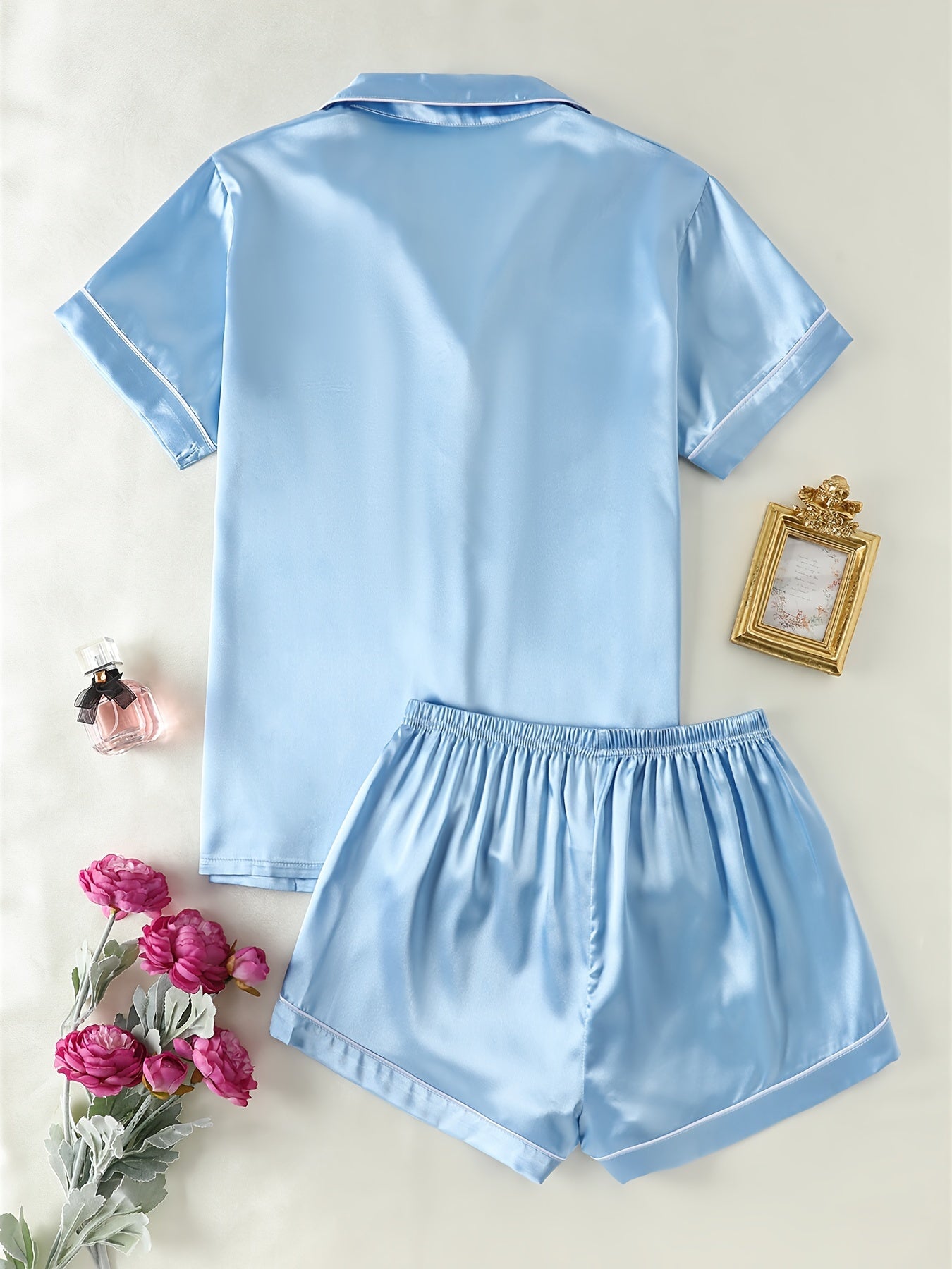 Women's Satin Lounge Set Short Sleeve Button-Up Top with Lapel Collar and Elastic Shorts