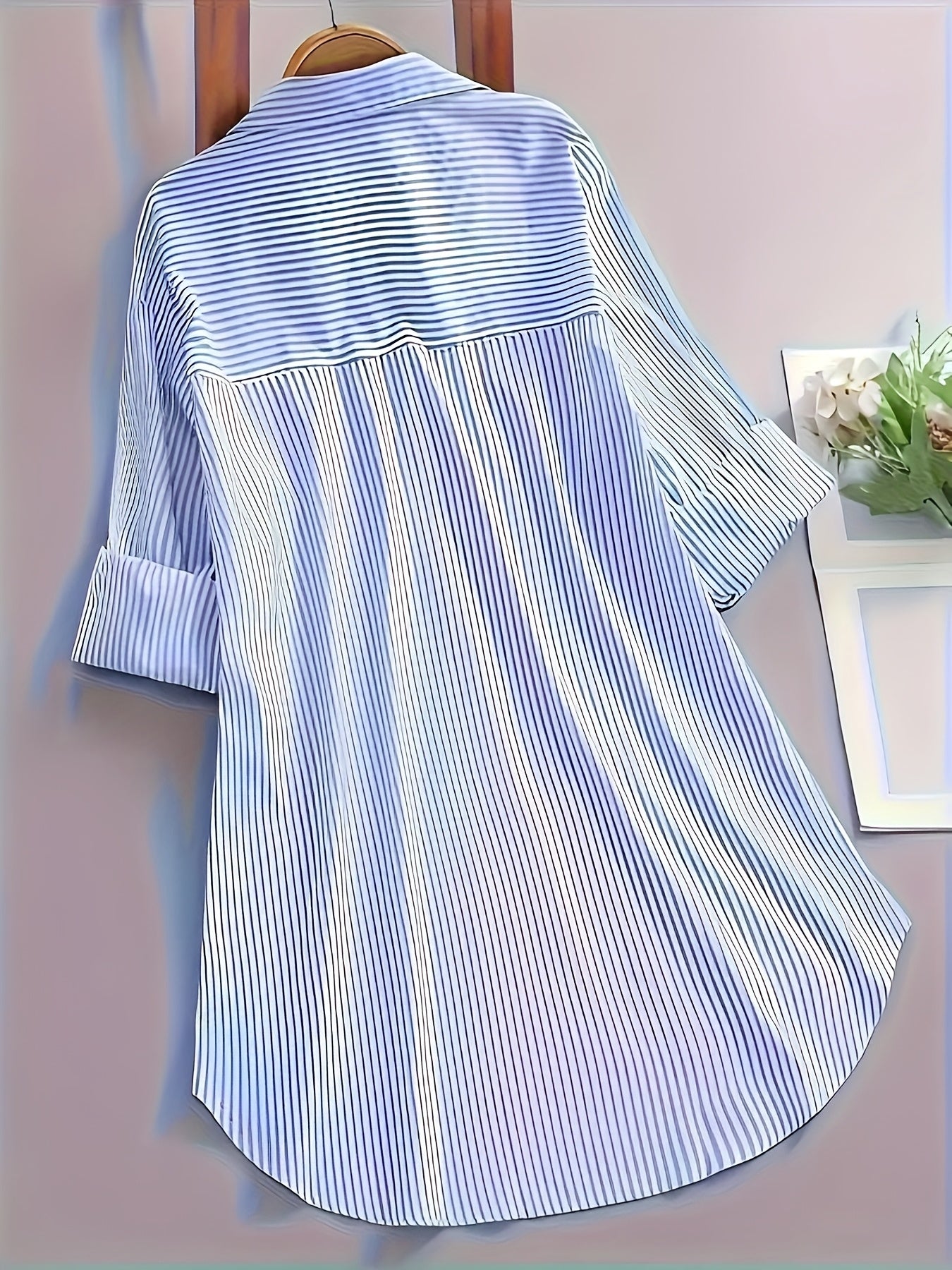 Plus Size Women's Striped Button-Down Shirt Long Sleeve Blue White