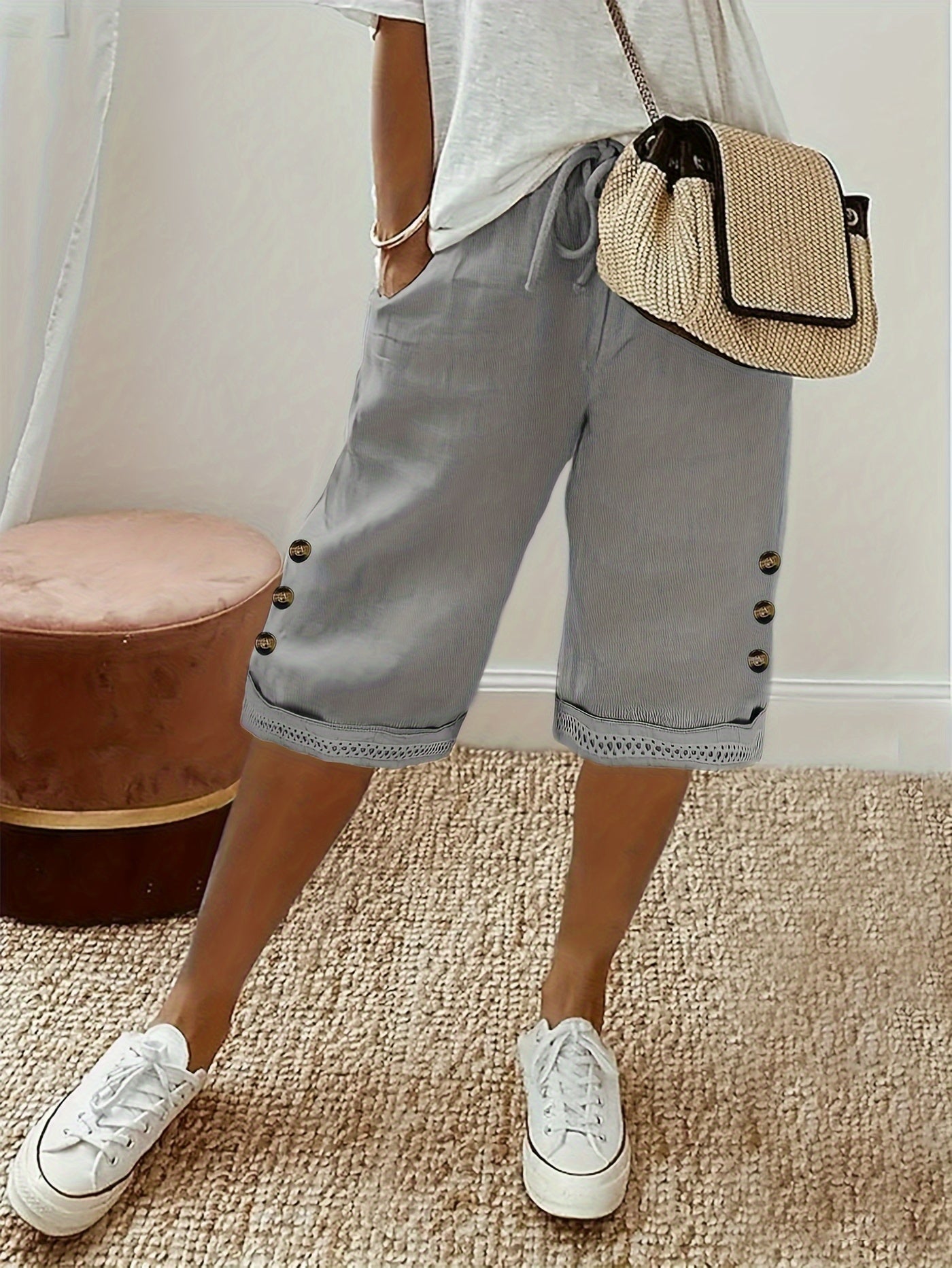 Women's Polyester Drawstring Capri Pants with Braided Hem and Faux Button Details