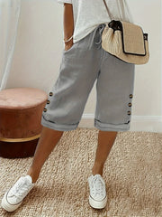 Women's Polyester Drawstring Capri Pants with Braided Hem and Faux Button Details