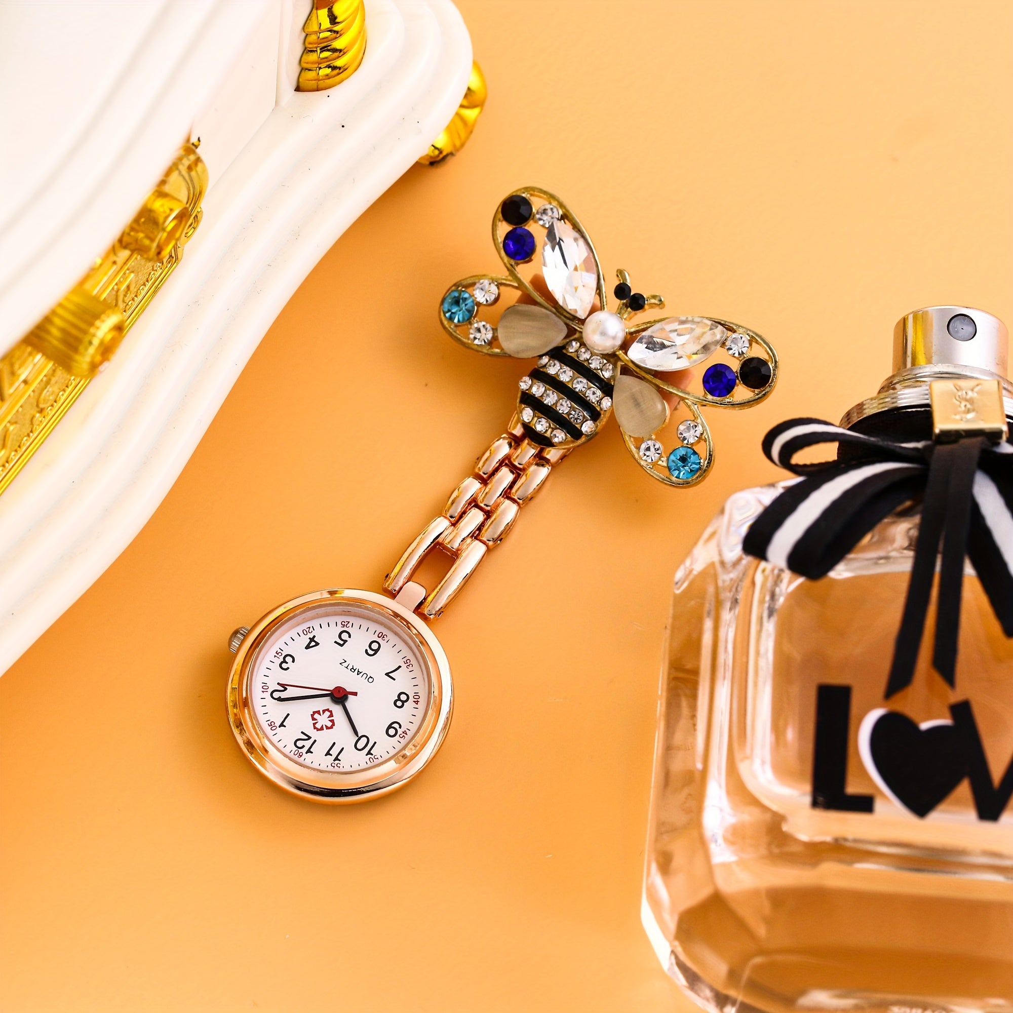 Sparkling Rhinestone Bee Nurse Brooch Medical Animal-Themed Doctor Paramedic Fob Watch