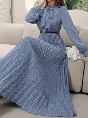 Women's Pleated Tie Neck Dress All Over Print Spring Fall Elegant Polyester