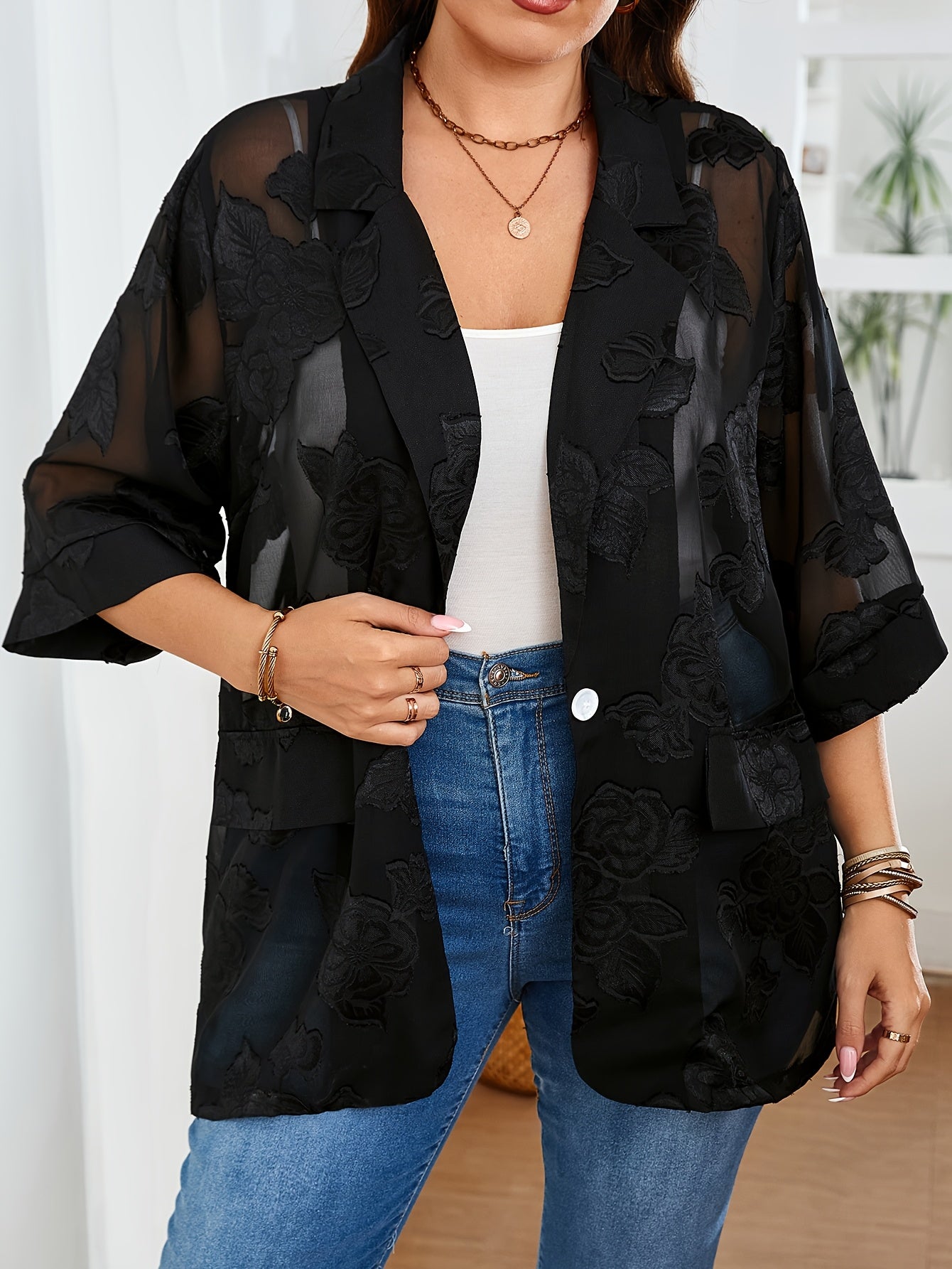 Women's Polyester Blazer with Floral Embroidery, Black, Open Front