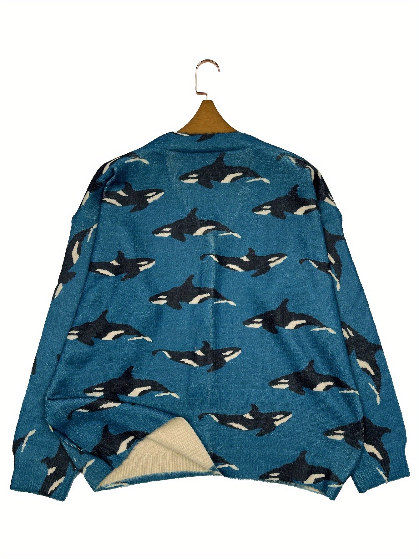 Women's Plus Size V-Neck Cardigan Sweater Polyester Knit Whale Print Long Sleeve Fall Winter