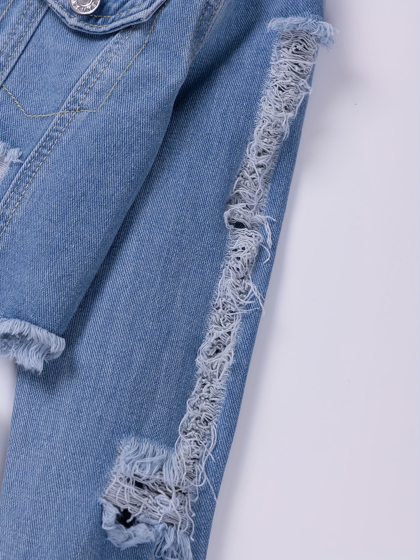 Girls Ripped Denim Set with Long-Sleeve Jacket and Skirt for Outdoor Wear