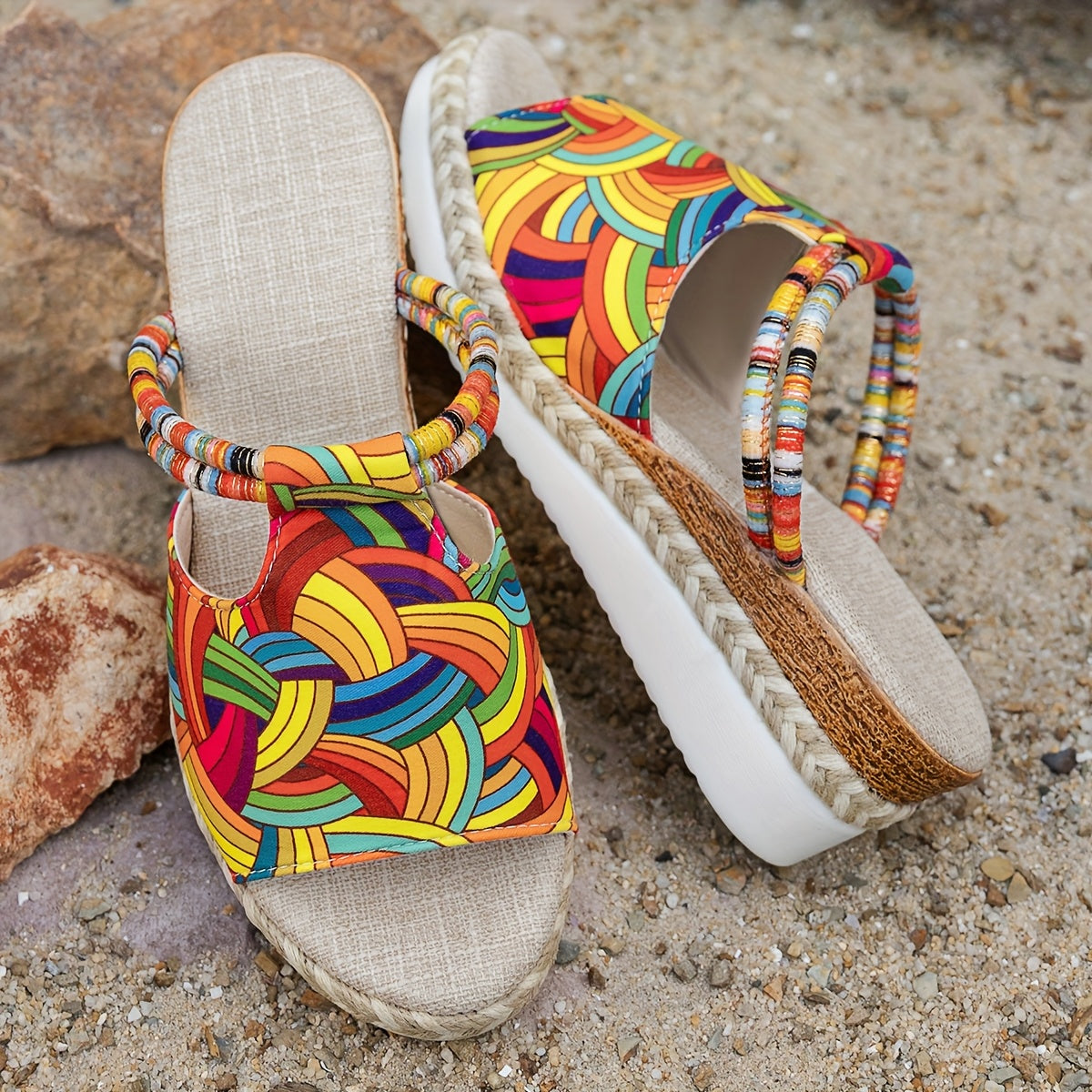 Women's Bohemian Style Slide Sandals Vibrant Geometric Pattern Open Toe