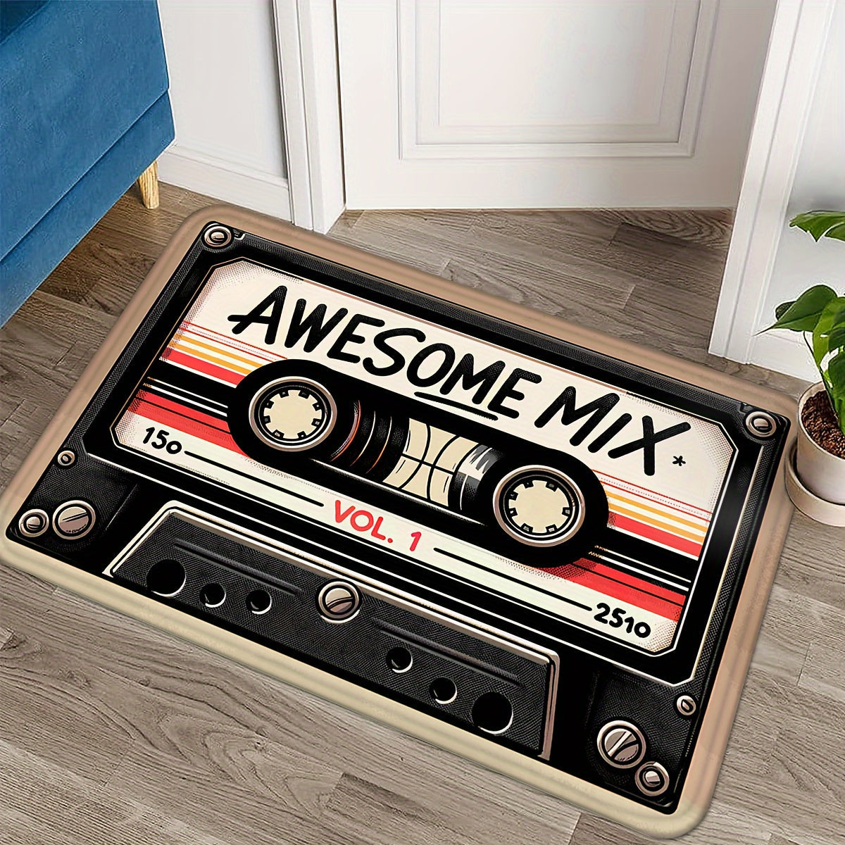 Retro Cassette Tape Welcome Mat Plush Anti-Slip Flannel Rug for Home