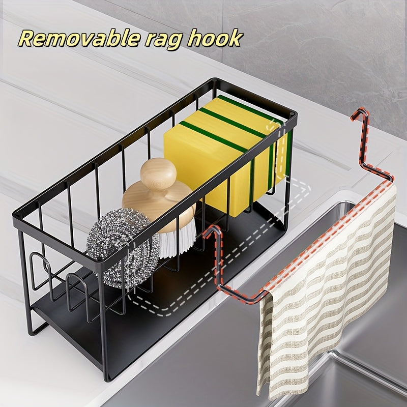 Organizador de fregadero de cocina con soporte para toallas, soporte para esponjas de metal, soporte para jabón y drenaje automático