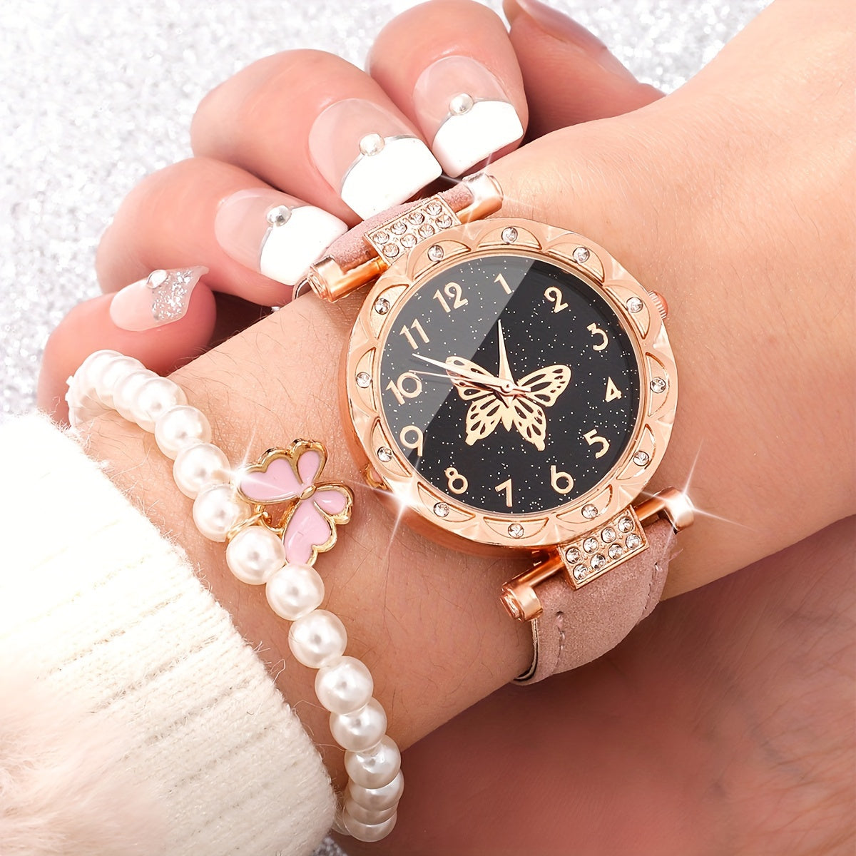 Set of 6 Women's Elegant Butterfly Rhinestone Quartz Watches with Leather Bands and Jewelry