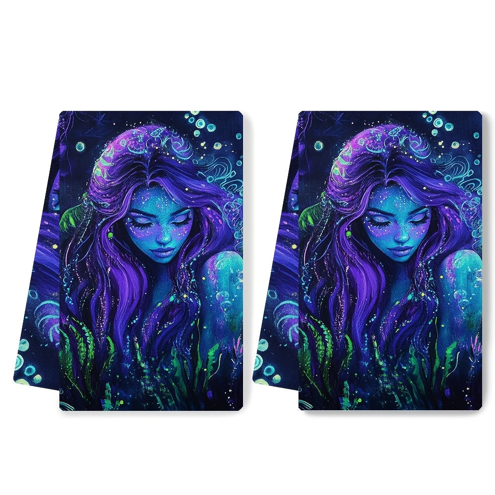 Set of 2 Soft Kitchen Towels Coastal Siren Neon Blacklight 40x60 cm
