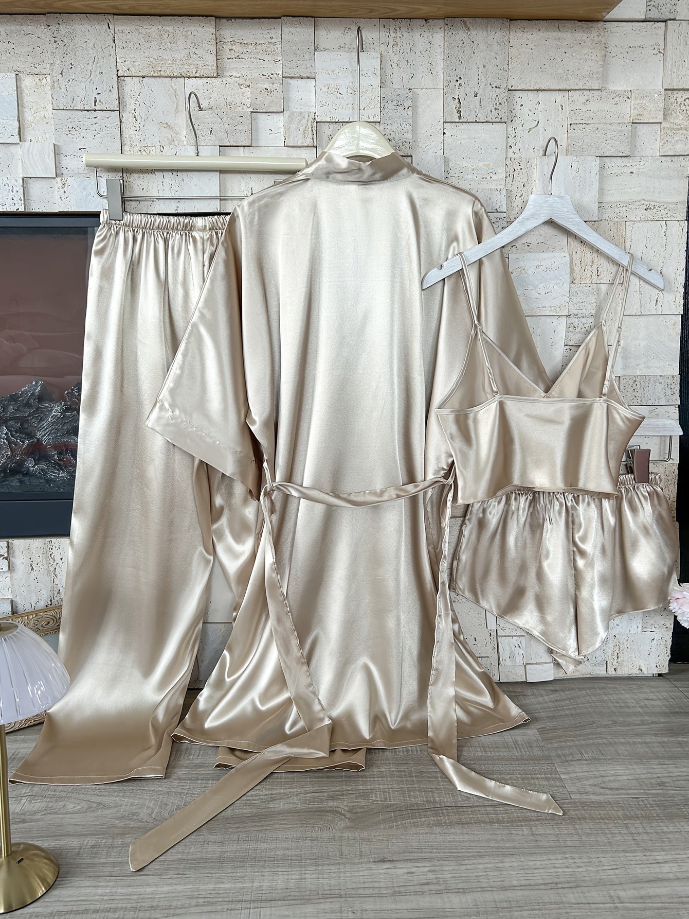 Women's Satin Pajama Set Includes V-Neck Robe with Sash Mini Bralette and Shorts Solid Color Polyester Fall Winter Sleepwear