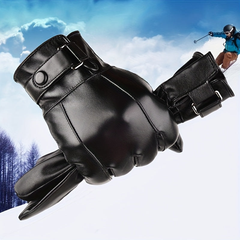 Men's Winter Gloves Faux Leather Cycling Motorcycle Skiing Driving Snap Closure