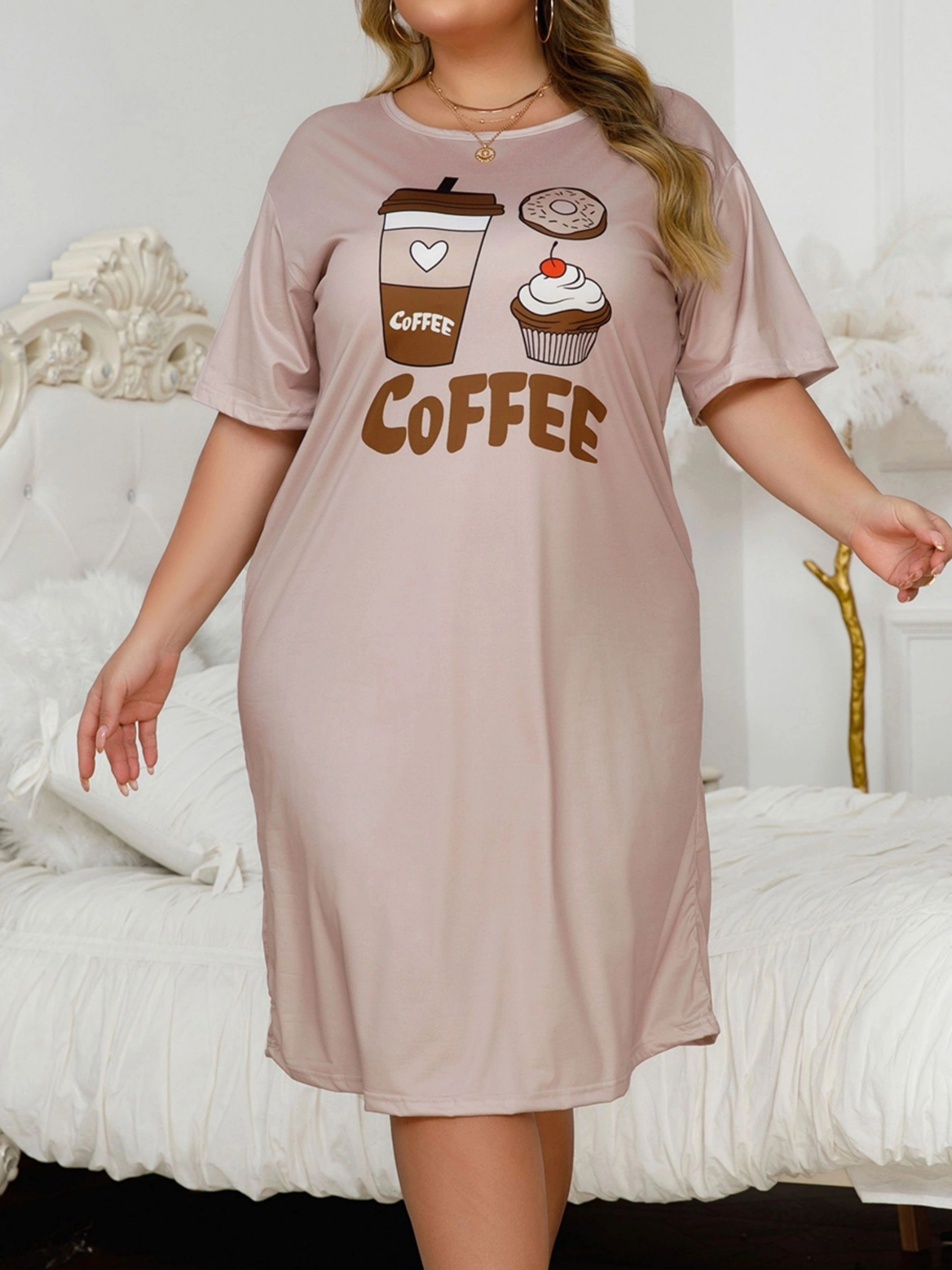 Women's Plus Size Coffee Cup Heart Print Sleep Dress Soft Short Sleeve Lounge Wear