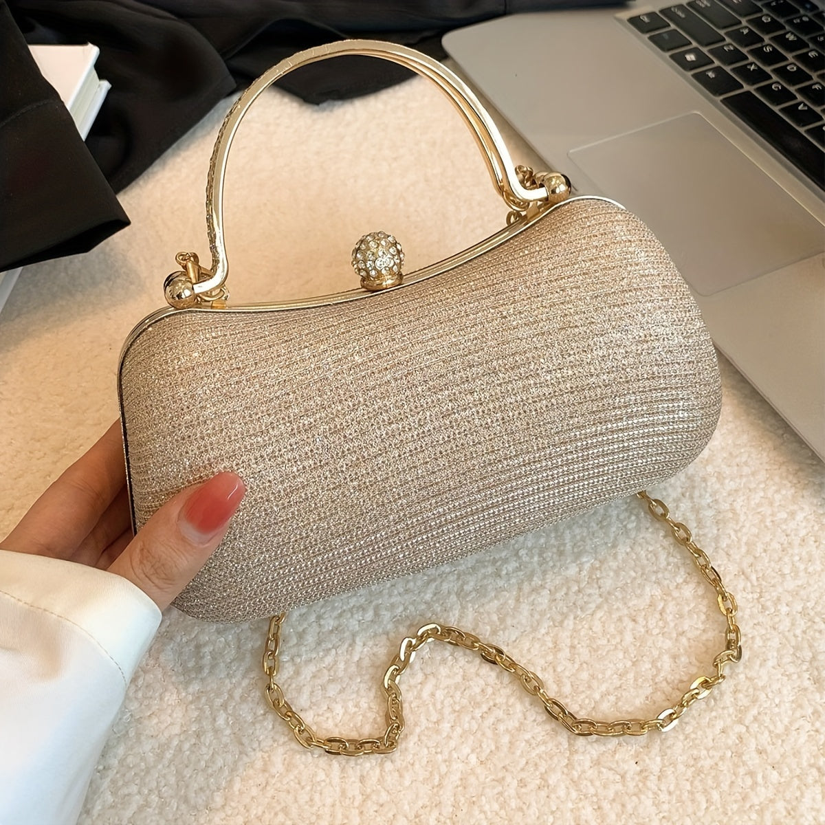 Mini Evening Bag with Rhinestone Chain for Parties Weddings and Proms Black Gold Silver