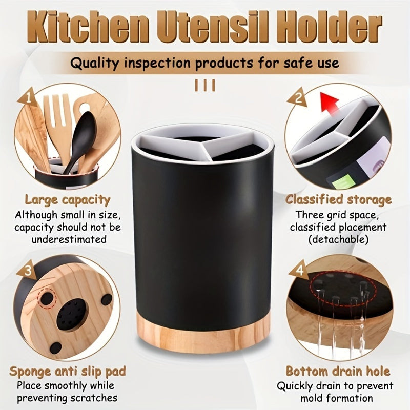 Durable 3-Compartment Plastic Kitchen Utensil Holder with Removable Dividers