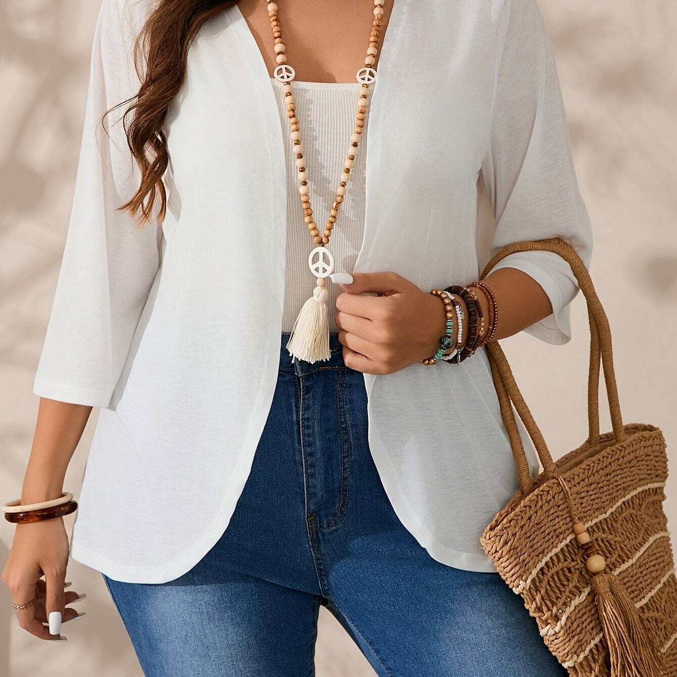 Women's Plus Size Open Front Top With 3/4 Sleeves For Spring Fall