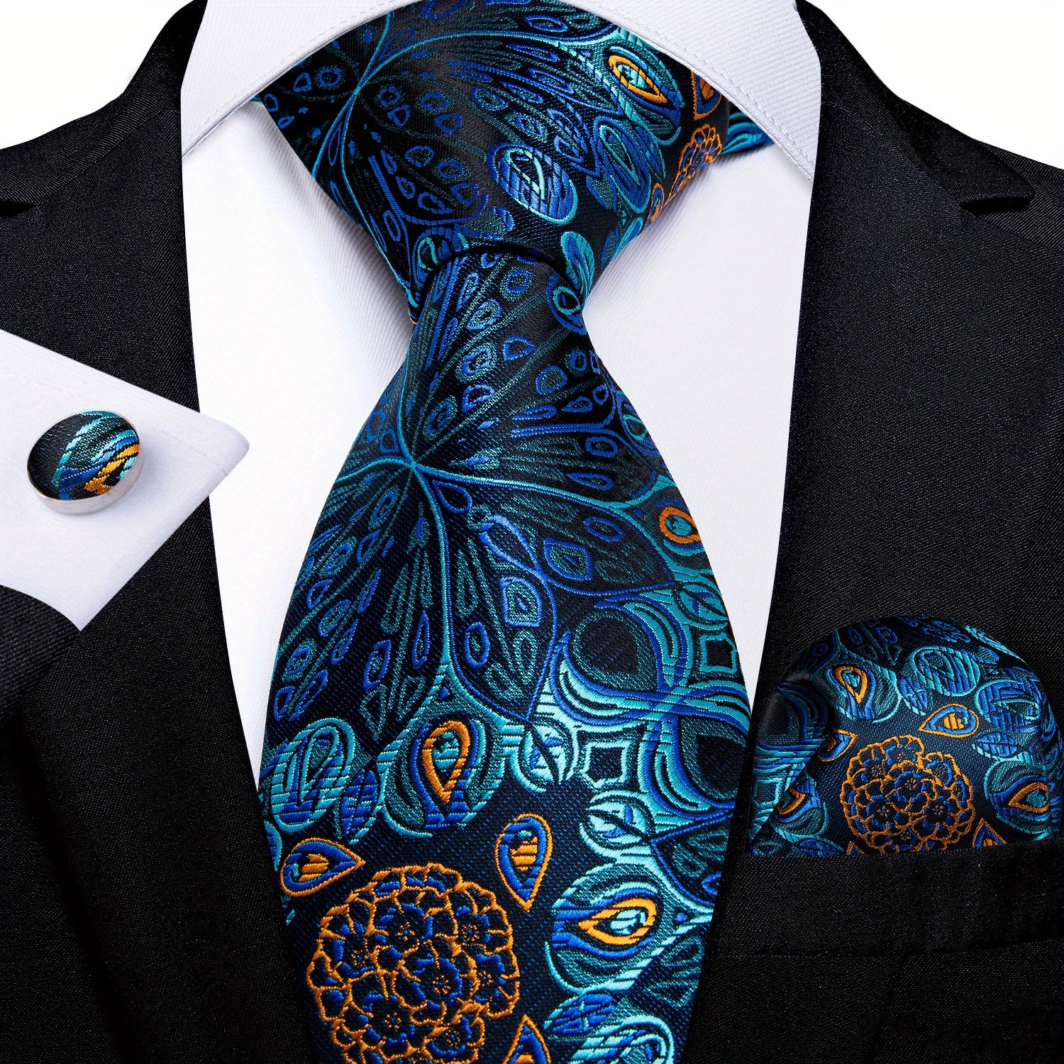 Men's Blue Paisley Striped Tie Handkerchief Cufflinks Wedding Accessories Set