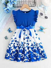 Girls Summer Butterfly Print Patchwork Dress with Belt and Sleeveless Ribbed Cuff Sleeves