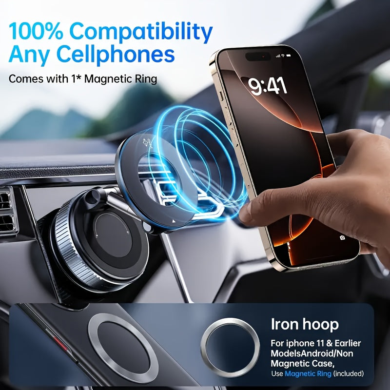 Adjustable Foldable Magnetic Car Phone Holder ABS Round 360° Rotatable Vacuum Suction