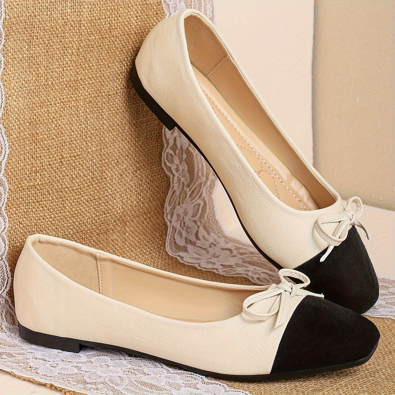 Women's Colorblock Flat Shoes with Bowknot Decor Lightweight Slip-On Dress Shoes