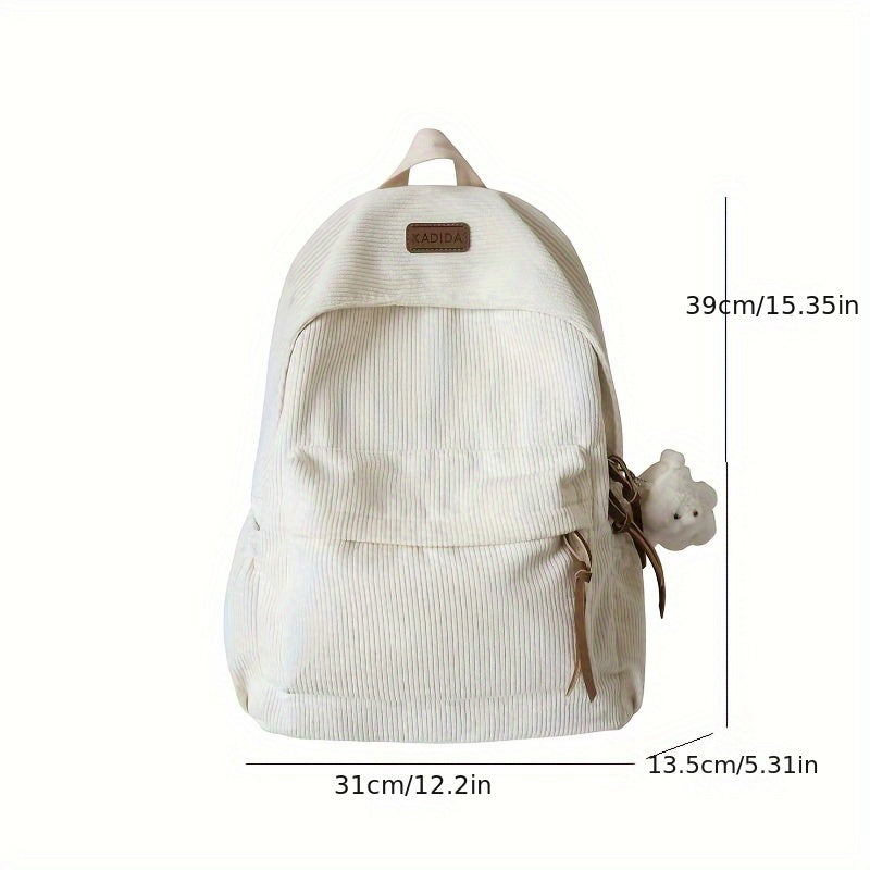 Women's Large Capacity Corduroy Backpack with Bear Pendant for School