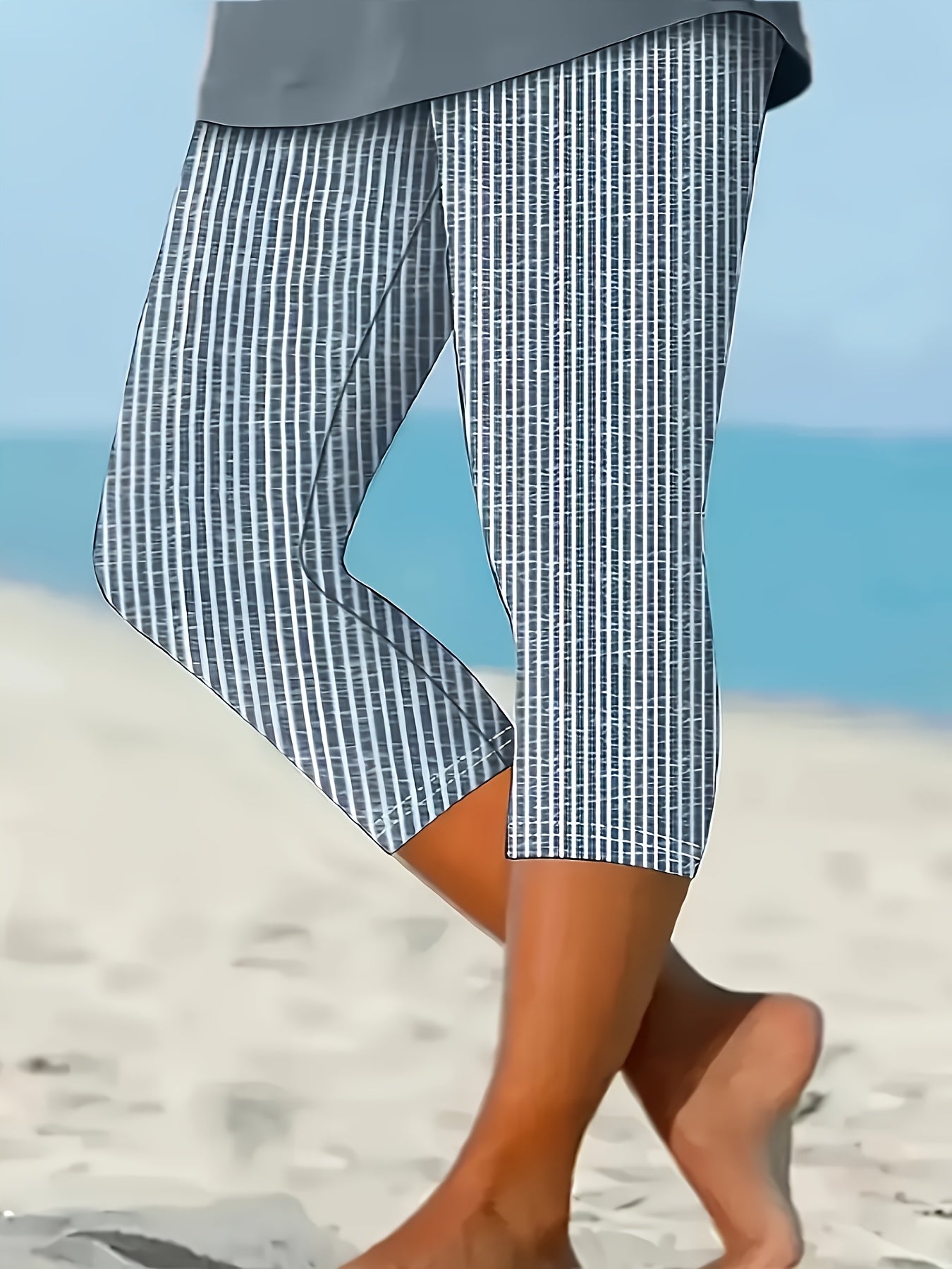 Women’s Plus Size Striped Capri Leggings Medium Stretch Beachwear