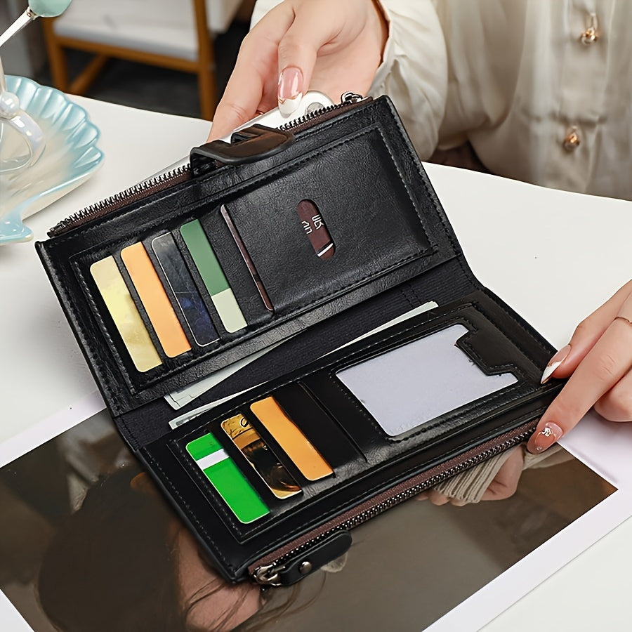 Vintage uslubidagi uzun hamyon, bir nechta zipli cho'ntaklar bilan, yengil tangalar sumkasi, och qahva/qora qahva/qizil/qora rangda minimalist dizayn, ID bo'limi, nylon astar, tozalash oson.