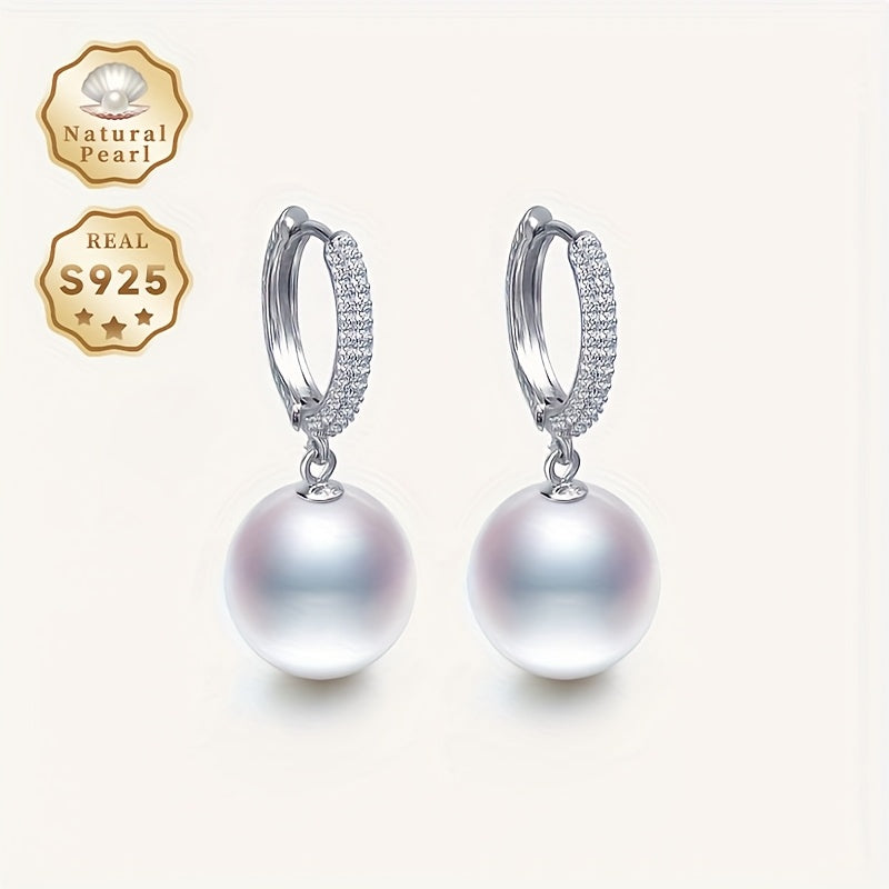 Sterling Silver Hoop Earrings with Freshwater Pearl for June Birthstone Gift