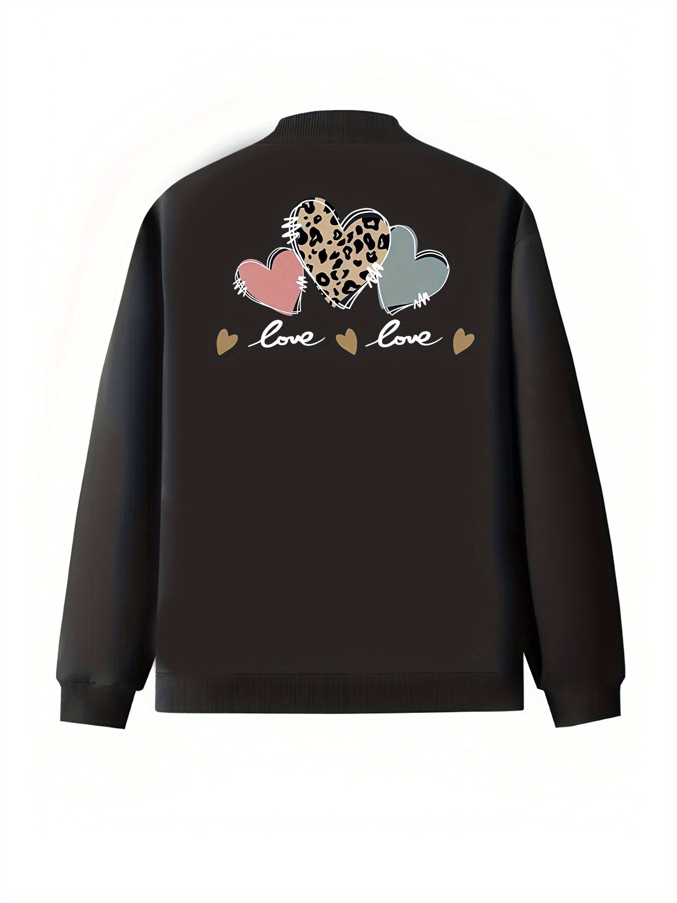 Women’s Black Plus Size Hoodie Jacket with Love Hearts and Leopard Print