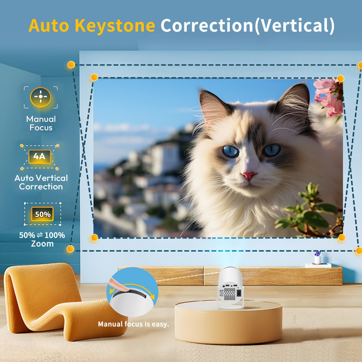 Mini Portable Projector 180° Rotatable Remote White Compatible Phones Tablets