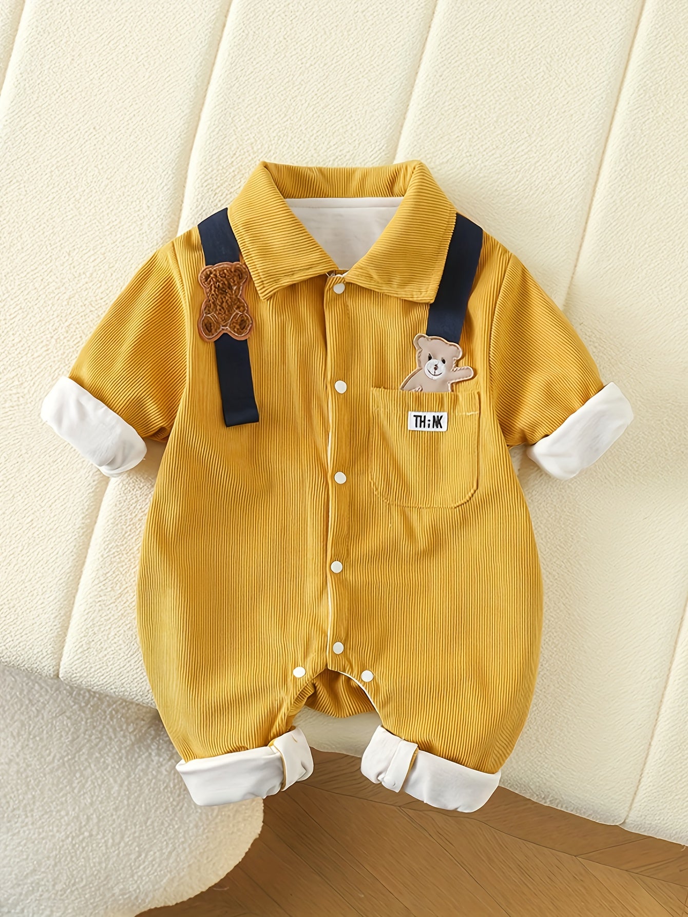 Baby Boy Romper Mustard Yellow Bear Patchwork Striped Straps Casual Spring Fall